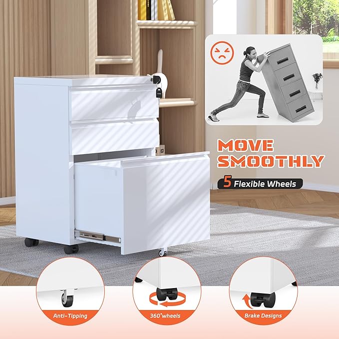 INTERGREAT 3 Drawer Mobile File Cabinet with Lock Metal Filing Cabinets for Home Office Rolling Under Desk Organizer for Letters/Legal/A4 (Fully Assembled-White)