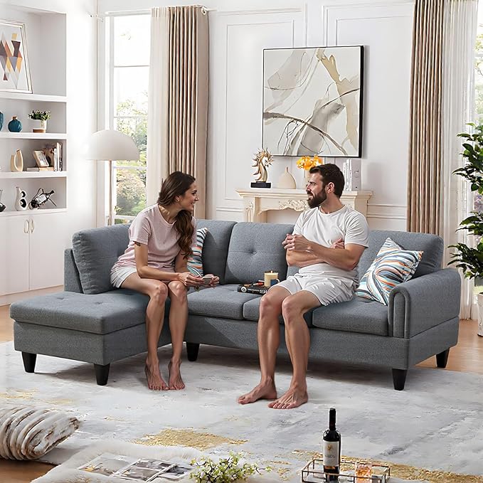 L Shaped Couch Sectional Couches with Chaise Fluffy Fabric 3 Pieces Modular Convertible Sofa for Living Room Furniture Sets and Small Apartment Dark Gre