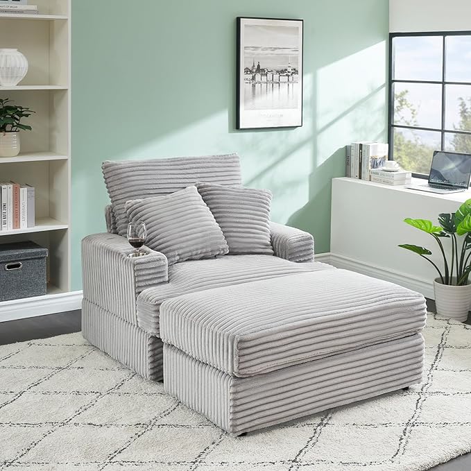 Chaise Lounge Chair Indoor 39 W Plush Corduroy Oversized Chair with Ottoman Upholstered Cozy Chaise with Cup Holder Modern Deep Seat Comfy Sofa Armchair for Living Room Bedroom(Grey)