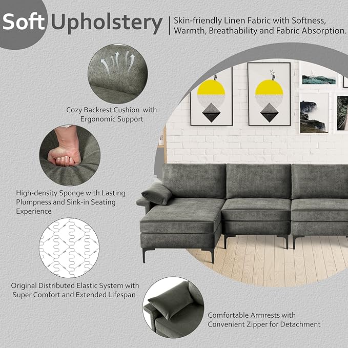 Giantex 130.5 L Convertible Sofa Couch Sectional Sleeper with 2 USB Ports Socket Comfy Cushion 2 Storage Box L-Shaped Modular Modern Sofa Reversible Chaise Lounge Living Room Furniture Grey