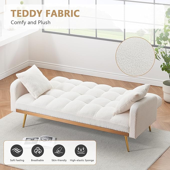 Teddy Futon Sofa Bed69 Modern Small Love Seat Couch for Small SpacesConvertible Tufted Sleeper Sofa Loveseat Couch Bed with Gold Metal Legs for Living RoomBedroom (Teddy Beige)