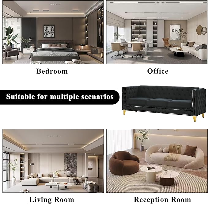 80.5 Chesterfield Velvet Sofa for Living Room3-Seater Sofa Loveseat Tufted Couch with Two PillowsRolled Arms and Nailhead for Living RoomBedroomOfficeBlack