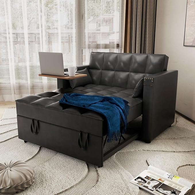 Leather Convertible 3 in 1 Sleeper Sofa Bed Small Upholstered Loveseat Pull Out Couch Multi-Functional Sleeper Futon with Hidden Table and Adjustable Backrest for Living Room (Black)
