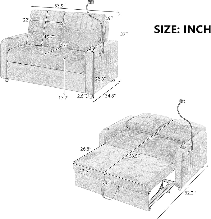 Modern Loveseat Pull-Out Sofa Bed Chenille Sleeper Sofa Couch with Adjustable Backrest 2 Cup Holders Phone Holder 3 Charging Ports and Side Storage Pockets for Living Room (Grey)