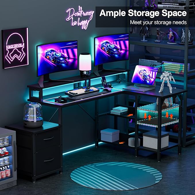 Home Office Desk with Power Outlet 67'' L Shaped Reversible Gaming Desk Corner Computer Desks with File Drawers Black