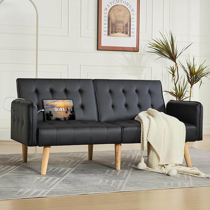 TYBOATLE Faux Leather Convertible 65'' Folding Futon Sofa Bed w/ 2 USB Loveseat for Small Space Apartment Dorm Living Room Office Black