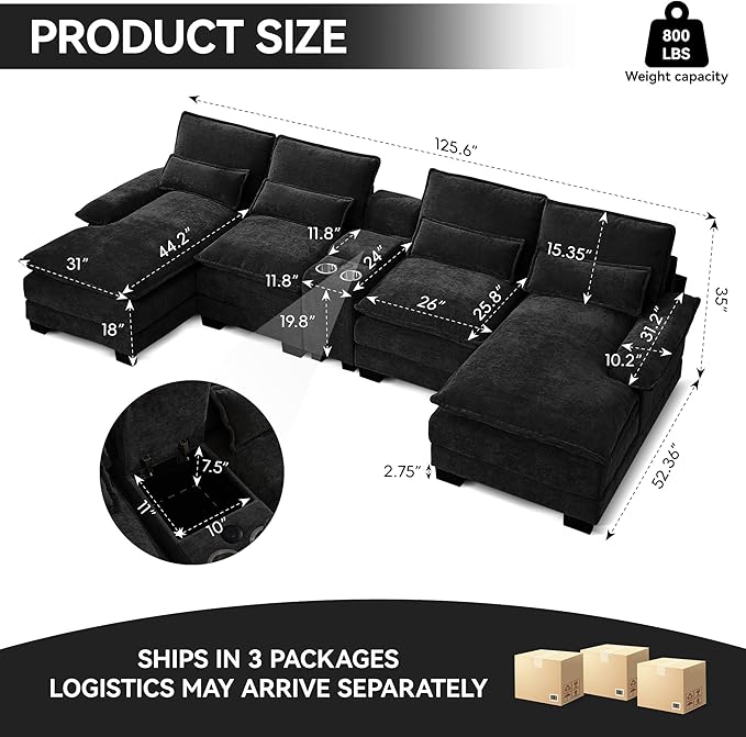 125 U Shaped Cloud Modular Sectional Couch for Living Room Small Comfy Chenille Sofa with Double Chaise Lounge Storage Central Console Cup Holders USB PortBlack