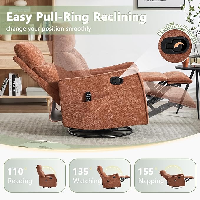 cinkehome Heated Massage Swivel Rocker Recliner Chair for Nursery - Small Space Reclining Chair with Lumbar Support 360° Swivel &amp Gentle Rocking Ergonomic High Back Orange Chenille