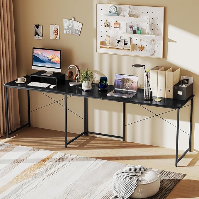 Tangkula L-Shaped Computer Desk with Power Outlets 95” Long 2-Person Desk with Monitor Shelf Modern Corner Desk Gaming Table with USB Ports for Home Office