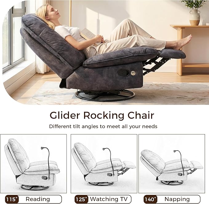 Swivel Rocker Recliner Chair for Adult Glider Nursery Rocking Chair Armless Single Recliner Sofa for Living Room Oversized &amp Overstuffed Phone Holder Included Black