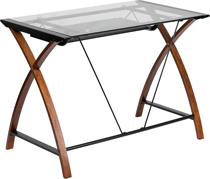 Flash Furniture Jude Tempered Glass Computer Desk with Pull-Out Keyboard Tray and Crisscross Frame Small Computer Desk for Home Office Cherry/Clear