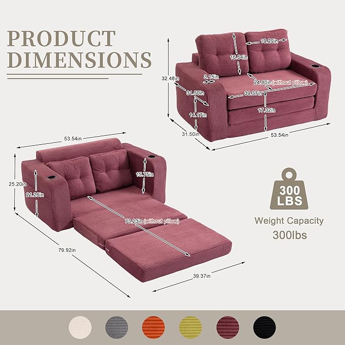 53'' Folding Sofa Bed Boneless Loveseat Sleeper Sofa 2 in 1 Convertible Foldable Pull Out Sofa Bed with Pillows Comfy Cloud Floor Couch for Living Room Small Space No Assembly(Wine Red)