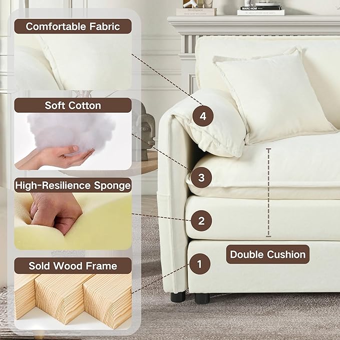 KEIKI 75 Sectional Cloud Couch Sofa L-Shaped Lounge Sofa with Storage &amp Ottoman 3-Seater Convertible Sofas Set W/Pillow Chenille Upholstered Sofabed Indoor for Living Room Bedroom Office Beig