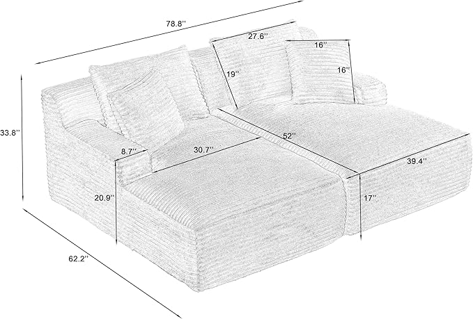 Oversized Double Chaise Lounge Loveseat Cozy Cloud Couch Fluffy Corduroy Upholstered Sleeper Sectional Sofa Lounger Daybed with Throw Pillows and Wide Armrest for Living Room No Assembly Required