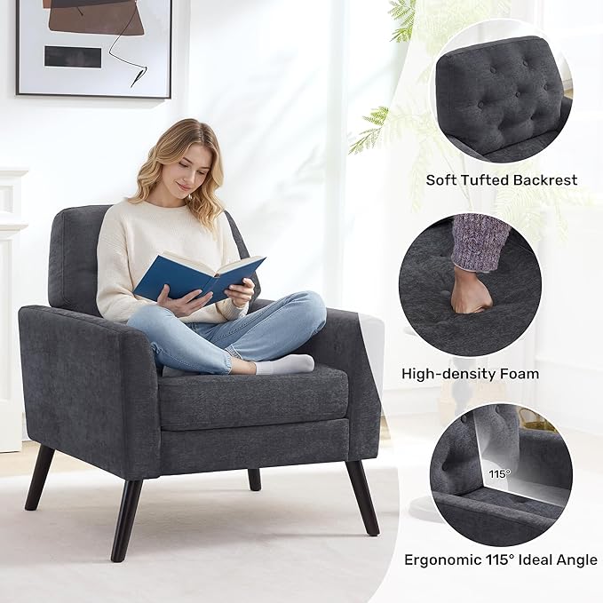 Accent Chair Set of 2 Mid Century Modern Living Room Chairs Upholstered Armchair with Tufted Back &amp Wood Legs Single Sofa Reading Side Chair for Bedroom Office Waiting Room Dark Grey