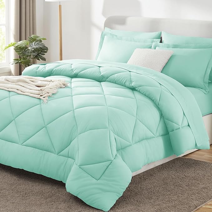 CozyLux Full Size Comforter Sets Mint Green - 7 Pieces Bed in a Bag Full Luxury Soft Bed Set for All Seasons Bedding Set with Down Alternative Comforter Sheets Pillowcases &amp Shams