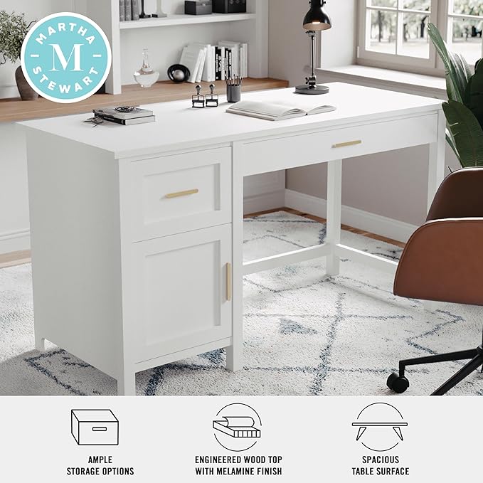Martha Stewart Hutton Shaker Style Home Office Desk with Storage in White with Polished Brass Hardware