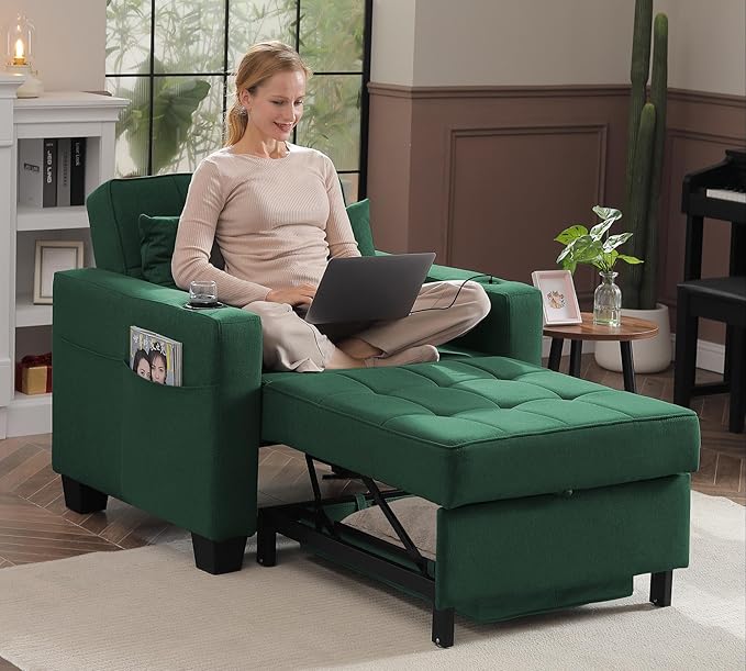 DURASPACE 36.6 Inch Sleeper Chair 3-in-1 Convertible Chair Bed Pull Out Sleeper Chair Beds Adjustable Single Armchair Sofa Bed with USB Ports Side Pocket Cup Holder (Forest Green Linen)