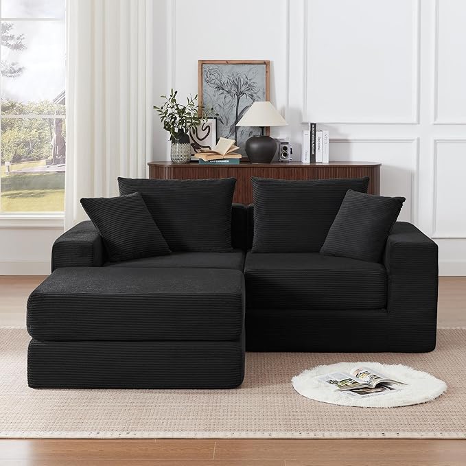 Modular Sectional Sofa with Convertible Sleeper Corduroy Fabric 2-in-1 Couch Bed with Reversible Chaise Adjustable Modular Sofas for Living Room Black