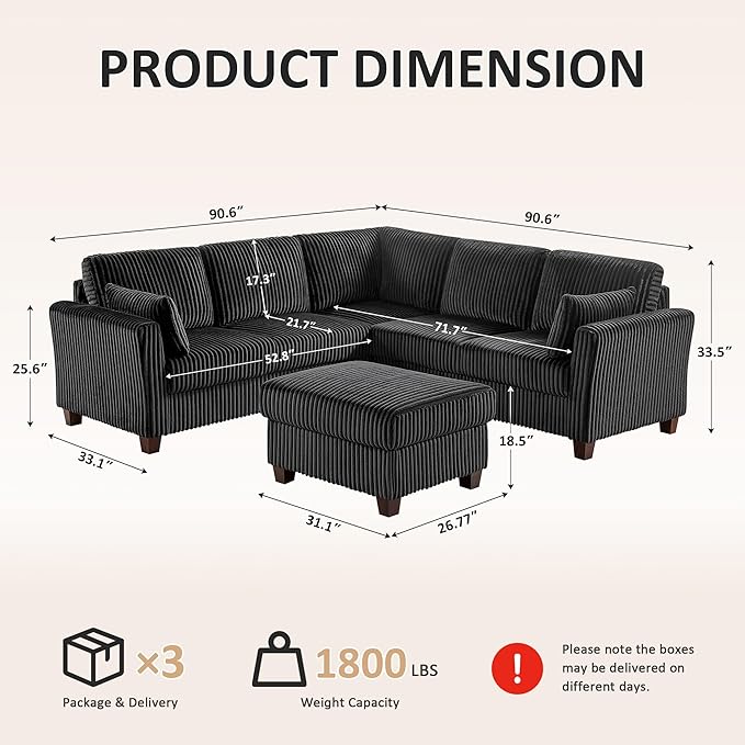 VANOMi Sectional Cloud Modular Sofa Corduroy Fabric L Shape Sofa with Storage OttomanU Shape Sectional Cloud Couch 6-Seat Upholstered Corner Couch for Living Room Charcoal Black | Sectional Cloud