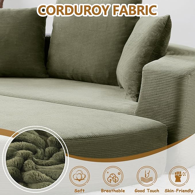 67” Foldable Couch Bed Corduroy Round Floor Couch with 3 Comfy Pillows 2 in 1 Convertible Sofa Bed for Living Room Apartment 380 LBS Capacity No Assembly (Green)