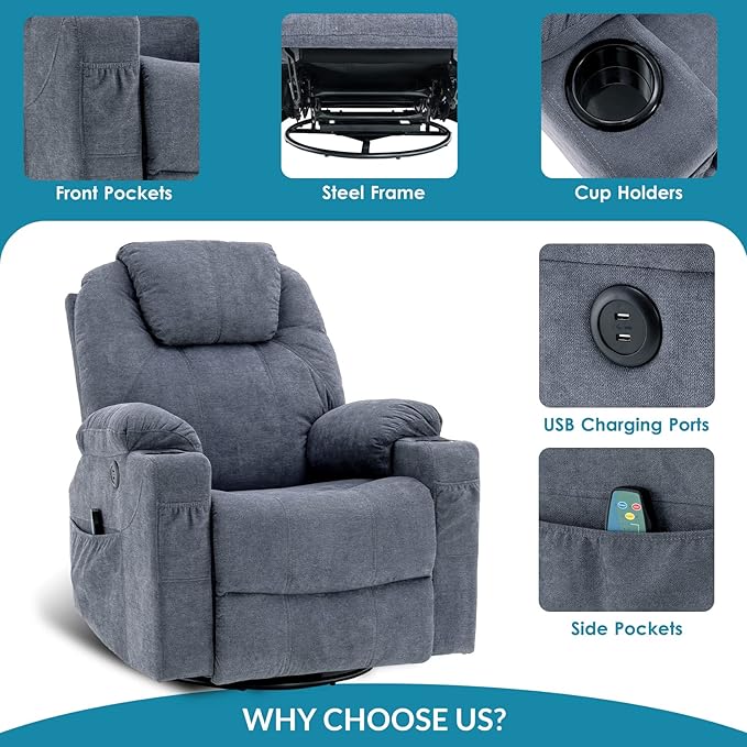 Manual Swivel Glider Rocker Recliner Chair with Massage and Heat 2 USB Ports 2 Cup Holders 2 Side Pockets and 2 Front Pockets Fabric (Grey-Blue)