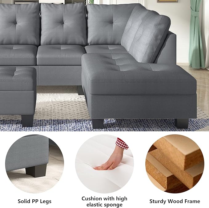 AWQM Upholstered L-Shape Modular Sectional Sofa Set with Storage Ottoman &amp Chaise Light Grey Fabric Living Room Furniture Comfy Oversized Corner Sofa Couch