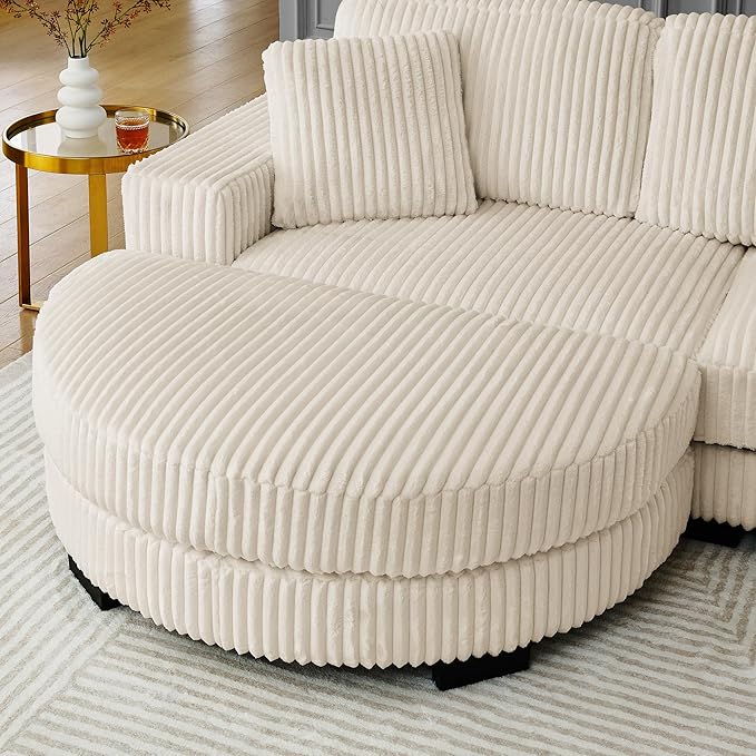 Corduroy Tufted Upholstered Sleeper Sectional Sofa L-Shaped Modular Convertible Sofa The arc-Shaped Footstool can be Placed Freely on The Left and Right (Beige + Foam + 3 Seat)