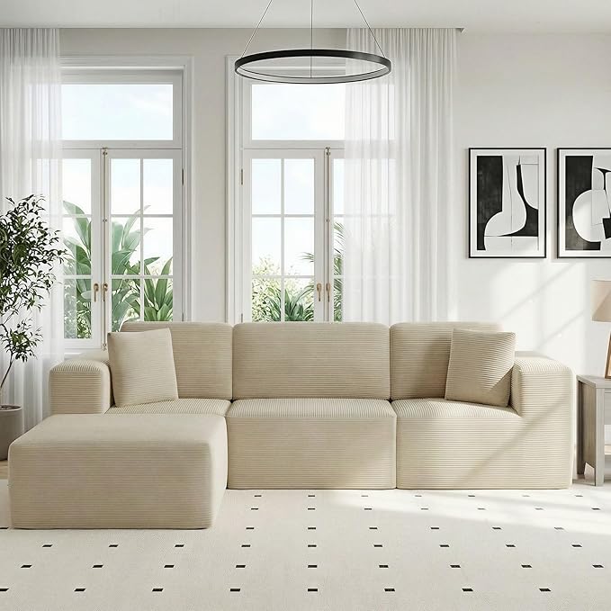 106 Boneless Sectional Couch with High-Density Foam Modern Frameless Floor Couch with Ottoman 3 Seater Cloud Modular Sofa with Chaise for Livingroom Cream Beige