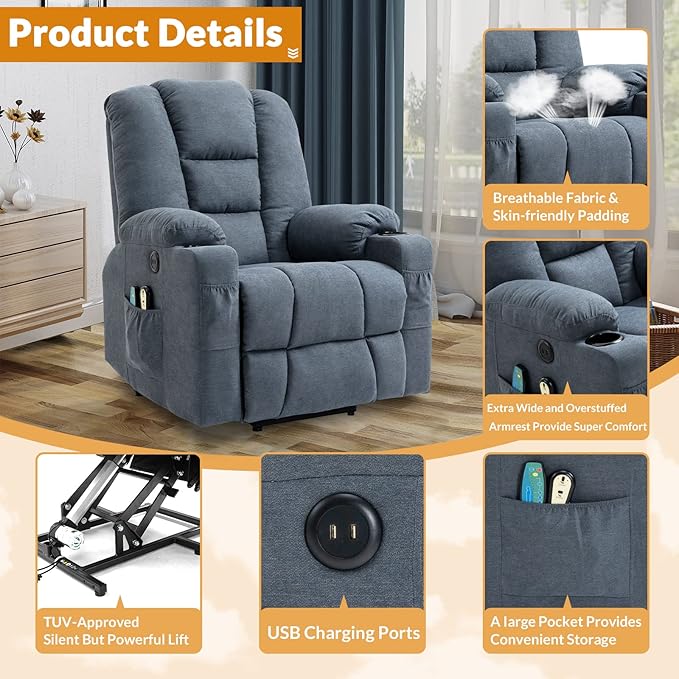 Electric Power Lift Recliner Chair with Heat and Massage Lift Recliner for Elderly Single Sofa recliners for Living Room with Cup Holders 4 Pockets USB Ports Soft Fabric (Gray-Blue)