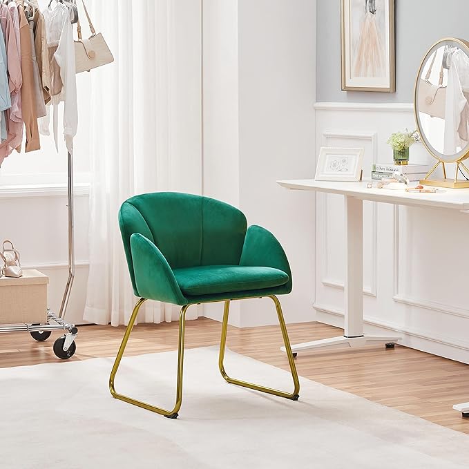 Yaheetech Flower Velvet Vanity Chair Modern Side Chair Armchair with Golden Metal Legs for Living Room/Dressing Room/Bedroom/Home Office/Kitchen Green