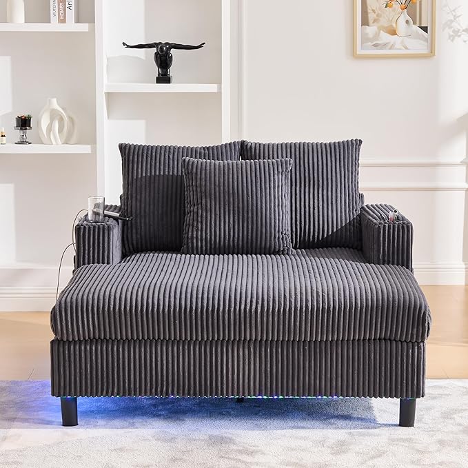 SLEERWAY Modern Corduroy Chaise Lounge Sofa Indoor - 55.9 Comfy Oversized Couch Bed with USB Ports Cup Holder Side Pocket Lights 3 Throw Pillows Lazy Recliner Chairs Living Room (Dark Gray)
