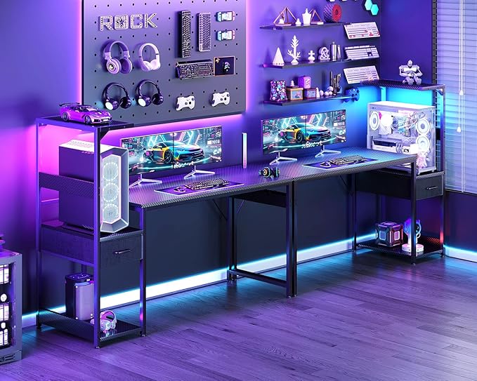 Casaottima 54 Inch Gaming Desk with Storage &amp LED Lights Reversible Computer Desk with Display Shelves &amp Fabric Drawer Modern Gamer Desk Table with Side Headphone Hook Carbon Fiber Black