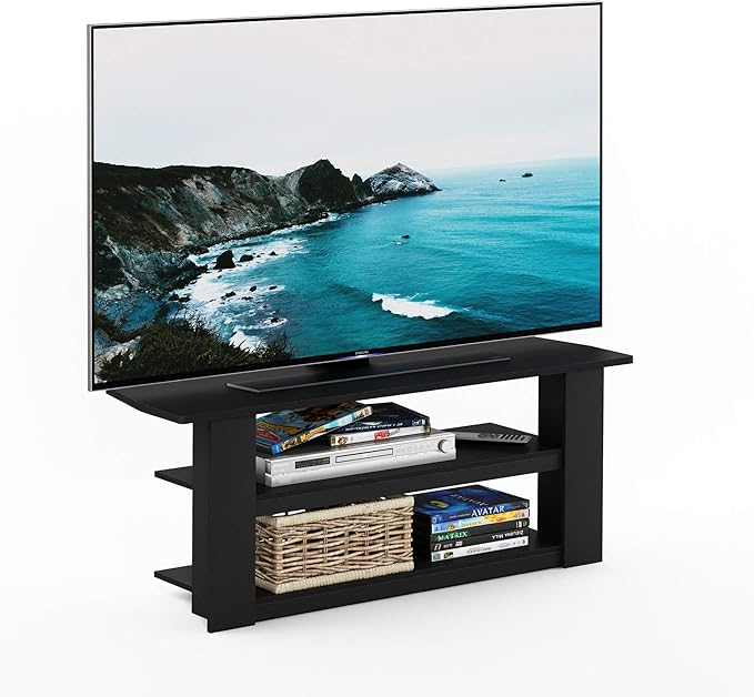 Furinno PARSONS TV Stand 3-Tier Entertainment Center with Storage Shelf Open Frame TV Console for TV up to 50 Inch for Living Room Bedroom Black