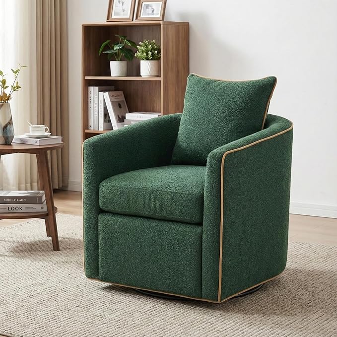 360° Swivel Accent Chair with Curved Armrest Bouclé Upholstered Club Chair Barrel Sofa Chair for Living Room Reading Corner Small Spaces (Green13)