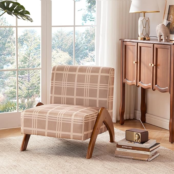 Oversized Accent Chair upholstered armless mid Century Modern Living Room Chair with Wooden Legs for Bedroom/Office/Cafe Plaid Camel