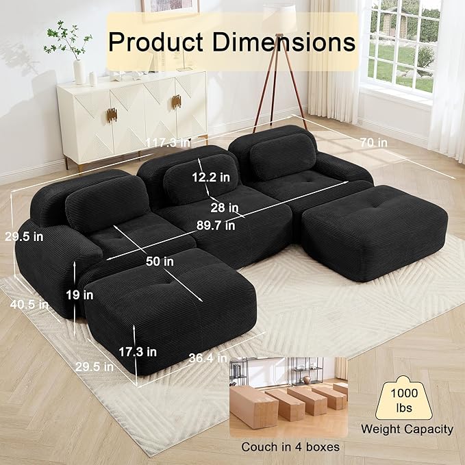 117 Foam Compressed Cloud Sofa28 Feep Seat Pet-Friendly Corduroy Oversize Sectional Couch with 2 Movable Ottomans 3 Seater Modular Cloud Couch for Living Rooms Apartments Leisure RoomsBlack