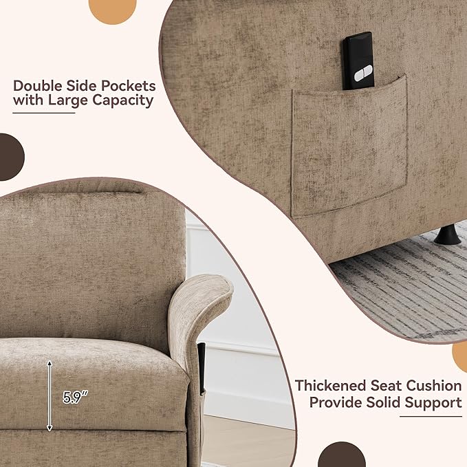 Power Recliner Chair for Adults Modern Reclining Single Sofa with Curved Armrest Comfy Ergonomics Electric Recliner with Side Pockets Adjustable Reading Chair for Living Room Bedroom Chenille Tan