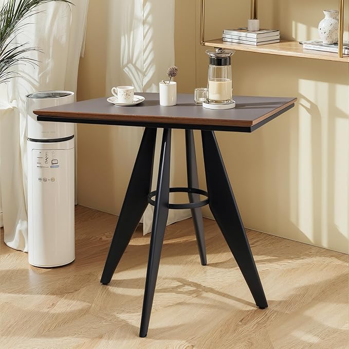Square Cafe Table - 27.6 Oak Wood Top Metal Frame 28.15 High Modern Industrial Dining Table for Kitchen Home Office Bistro Compact for Space Saving