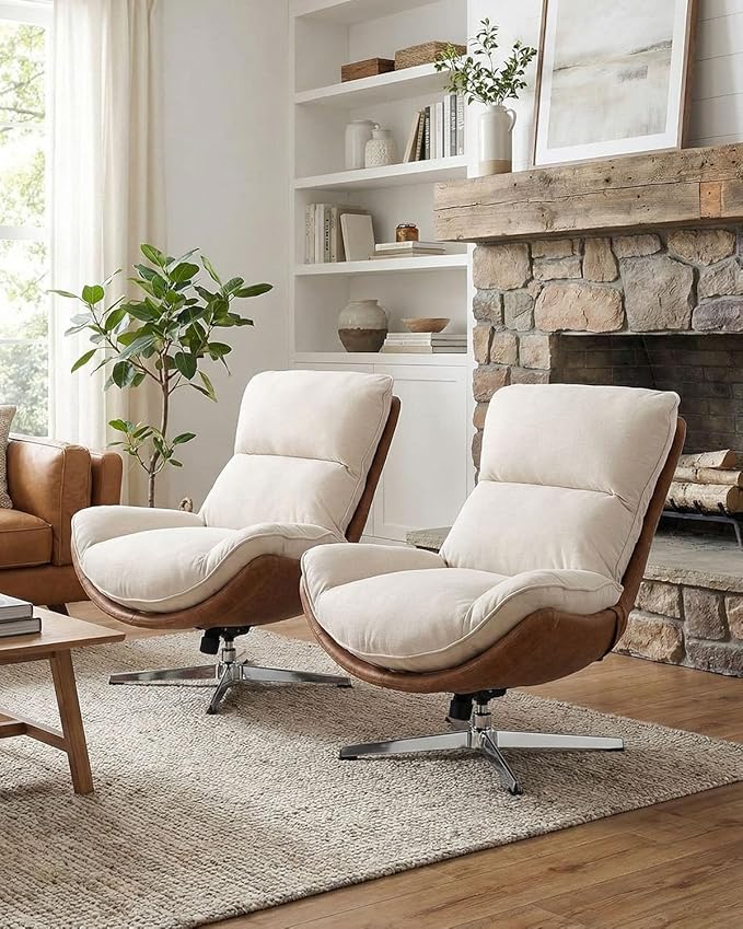 LukeAlon Linen Swivel Lounge Chair Upholstered High Back Accent Chair with Metal Base Armelss Comfy Modern Recliner Chair for Living Room Office Beige