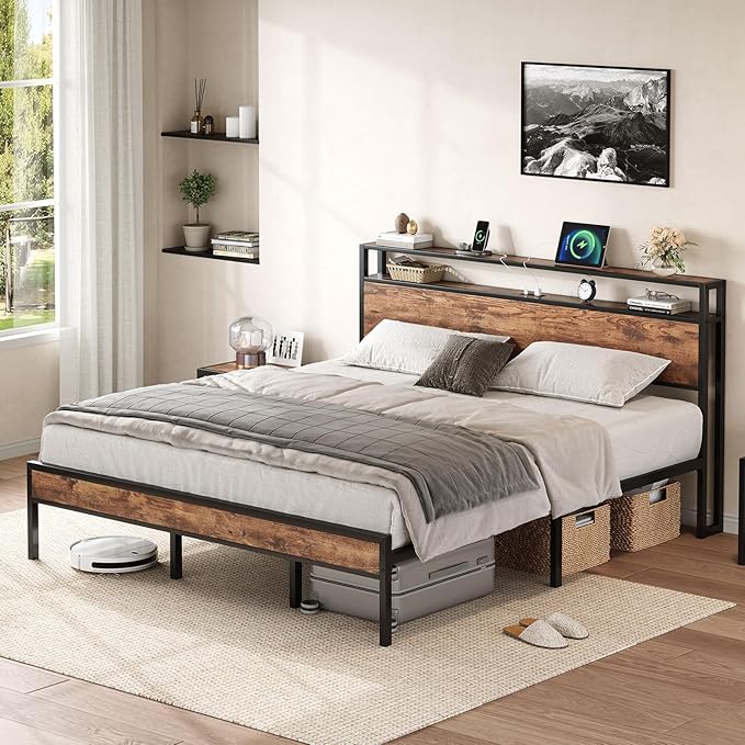 King Size Bed Frame with USB Charging Station &amp Storage Headboard Modern Metal Platform Bed with Large Under Bed Space Noise Free Easy Assembly No Box Spring Needed Rustic Brown