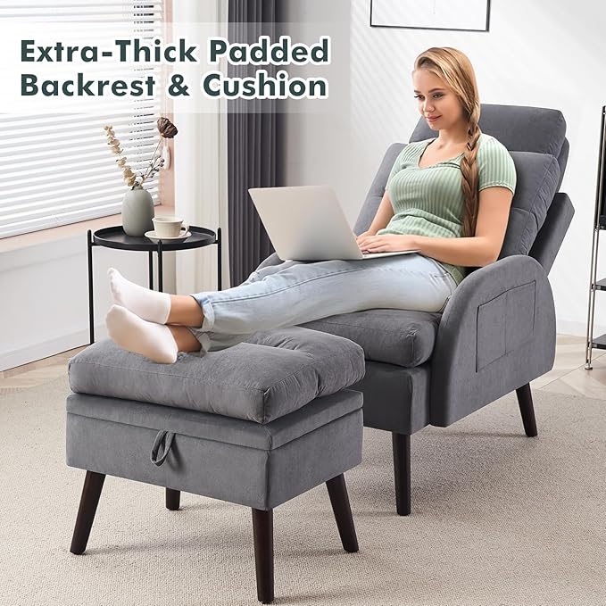 Accent Chair with Ottoman Comfy Reading Chair and Ottoman Set Modern Oversized Velvet Lounge Armchair with Adjustable Backrest for Living Room Bedroom Velvet Dark Grey