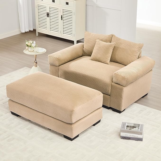 ERYE Modern Corduroy Upholstered Accent Chair and Ottoman Set Oversized Wider Seat Armchair Leisure Comfy Lounge Chaise with Removable CushionArmrests and 3 Pillows