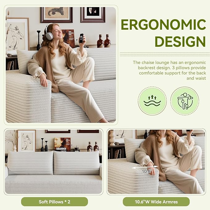 Boneless Cloud Loveseat Couch No Assembly Required Sofa in a Box 63/71 2 Seater Corduroy Compression Couch for Living Room Bedroom Apartment (White 63) | Comfortable