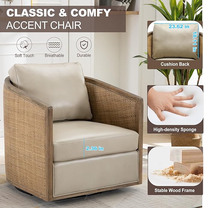 Swivel Barrel ChairLeather Accent Chair with ArmsCushion BackRattan FrameRound Swivel Chair for Living RoomBedroomOfficeWaiting Room (Oyster Grey Leather)