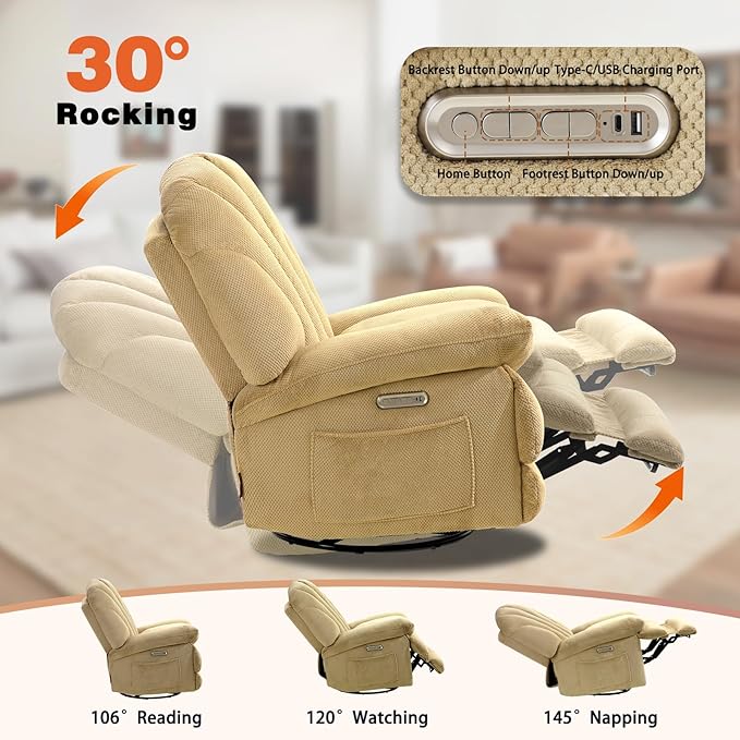 EONIX Dual Motor Power Swivel Rocking Recliner Chair for Living Room Armless Oversized Shell Shape Lazy Boy Rocker Recliner Plush Fabric Thickened Cushion Elevated Soft and Comfort Beige