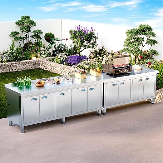 WWK 59 x 21 Stainless Steel Prep Table with Cabinet Commercial Kitchen Table for Prep &amp Work Heavy Duty Work Table with 4 Doors for Kitchen Restaurant Hotel Garage and Cafe