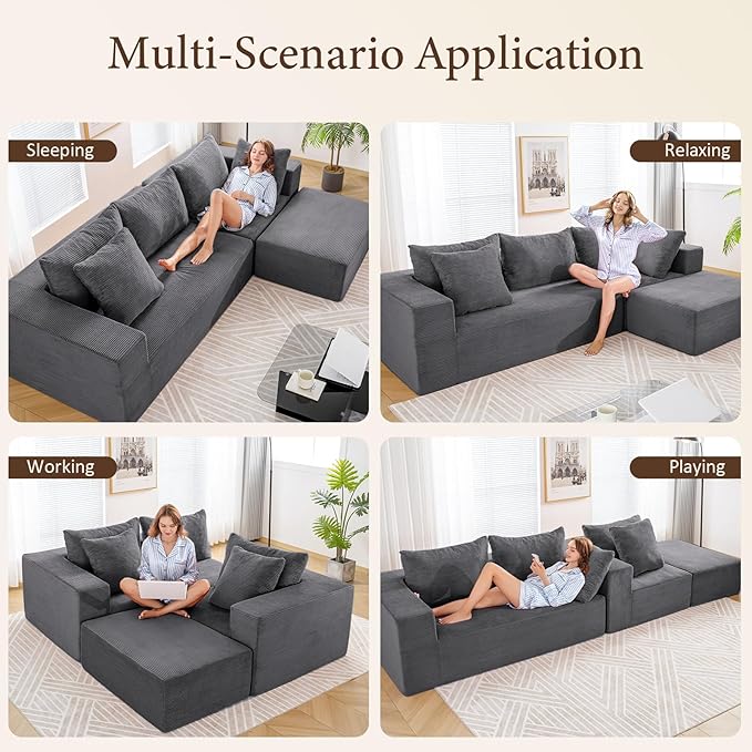 INGEROOM 108 Modular Cloud Sectional Couch with Deep Seat Boneless Sofa with Movable Ottoman Plush Corduroy Memory Foam Couch for Living Room No Assembly Dark Gray