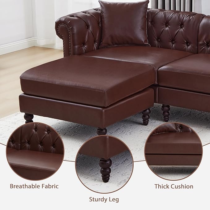 AVZEAR Chesterfield L Shaped Sofa Modular Sectional Leather Couch with Ottoman and Pillow Modern PU Deep Seat Sofa Living Room Furniture Sets for Living Room Apartment Dark Brown