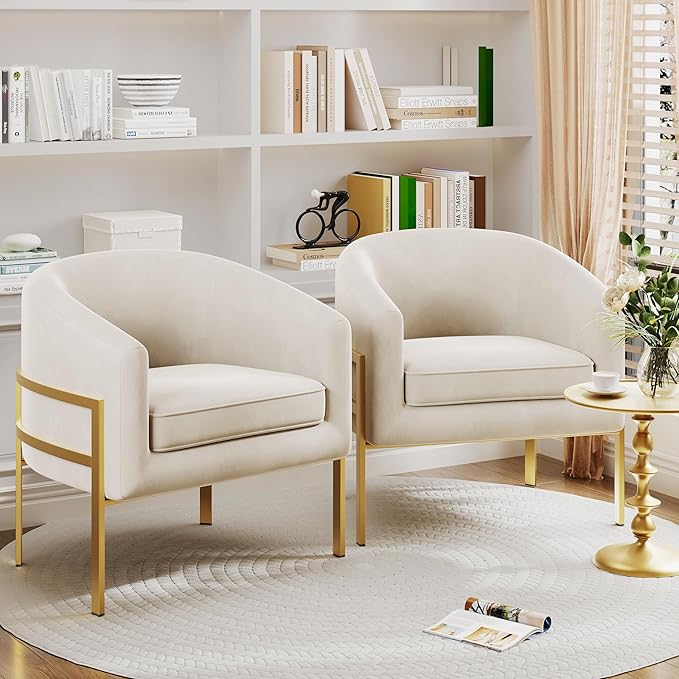 ALISH Barrel Accent Chairs Upholstered Living Room Chairs Modern ArmChairs with Metal Frame for Bedroom Living Room (Ivy 2 PCS)